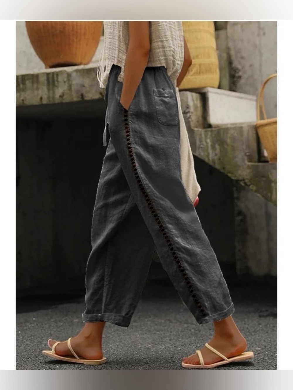 Casual Straight-Leg Drawstring Pants in BLACK with Side Lace Trim Multi Sizes